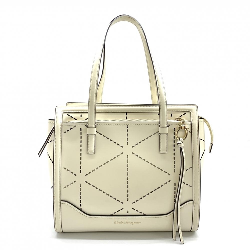 Salvatore Ferragamo Tote Bag Punching Leather Calf White Ivory